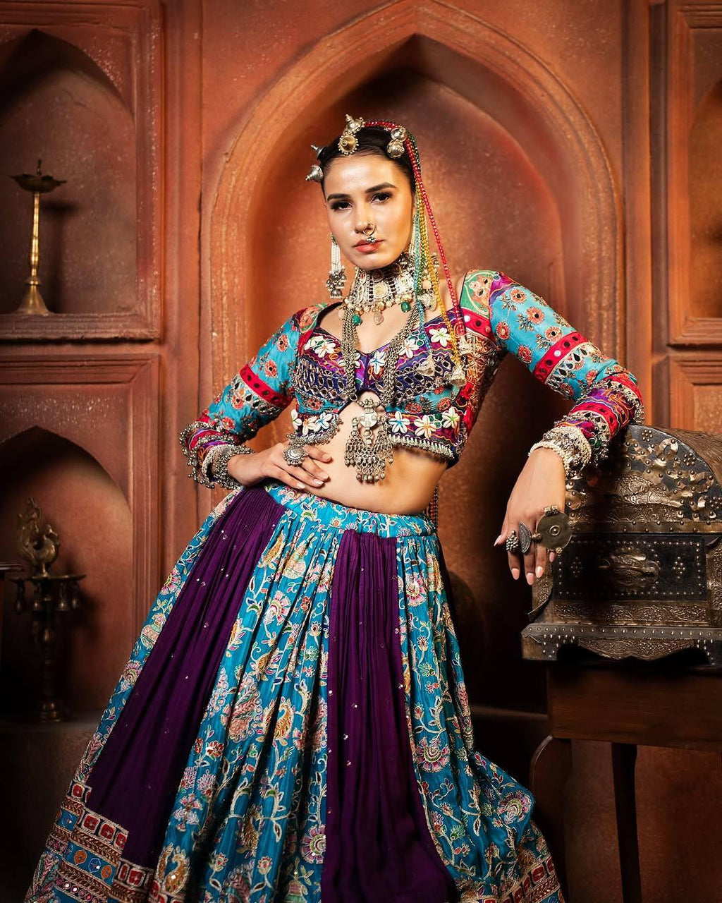 Women's Traditional Multicolor Printed Navratri Chaniya Choli with Heavy Embroidery & Mirror Work Lehenga Set