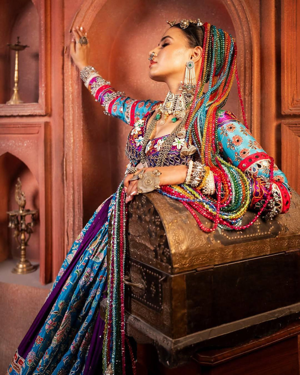 Women's Traditional Multicolor Printed Navratri Chaniya Choli with Heavy Embroidery & Mirror Work Lehenga Set