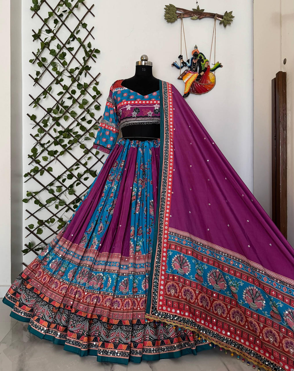 Women's Traditional Multicolor Printed Navratri Chaniya Choli with Heavy Embroidery & Mirror Work Lehenga Set