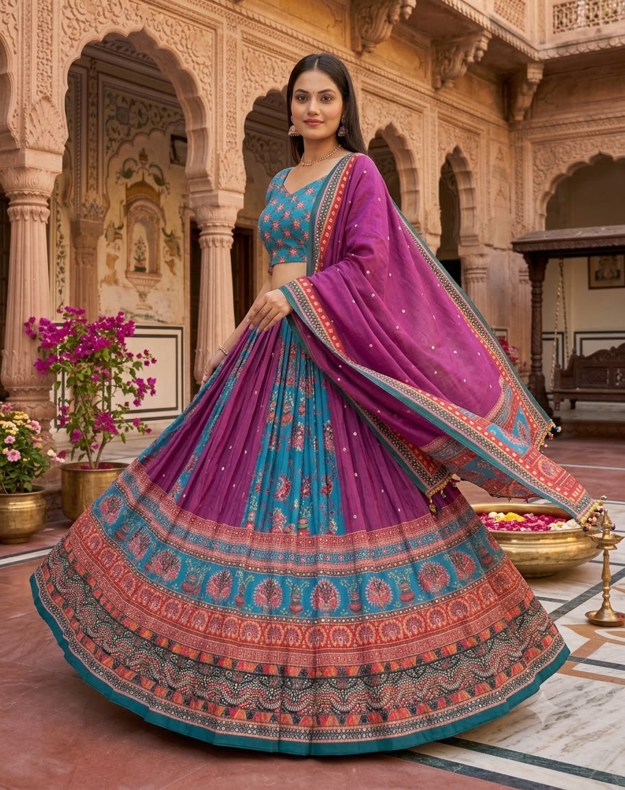Women's Traditional Multicolor Printed Navratri Chaniya Choli with Heavy Embroidery & Mirror Work Lehenga Set