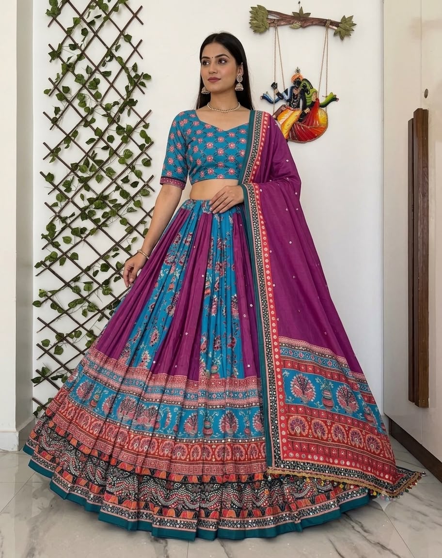 Women's Traditional Multicolor Printed Navratri Chaniya Choli with Heavy Embroidery & Mirror Work Lehenga Set