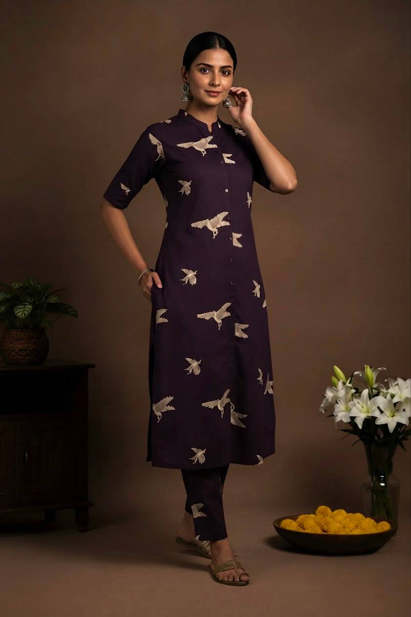 Dark Purple Printed Kurta Pant Set | Bird Print Straight Kurta with Matching Pants - Vastra
