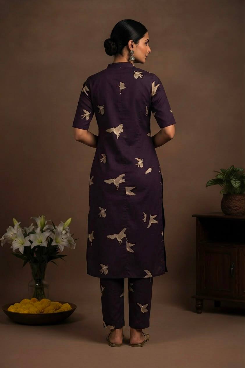 Dark Purple Printed Kurta Pant Set | Bird Print Straight Kurta with Matching Pants - Vastra
