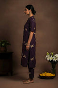 Dark Purple Printed Kurta Pant Set | Bird Print Straight Kurta with Matching Pants - Vastra