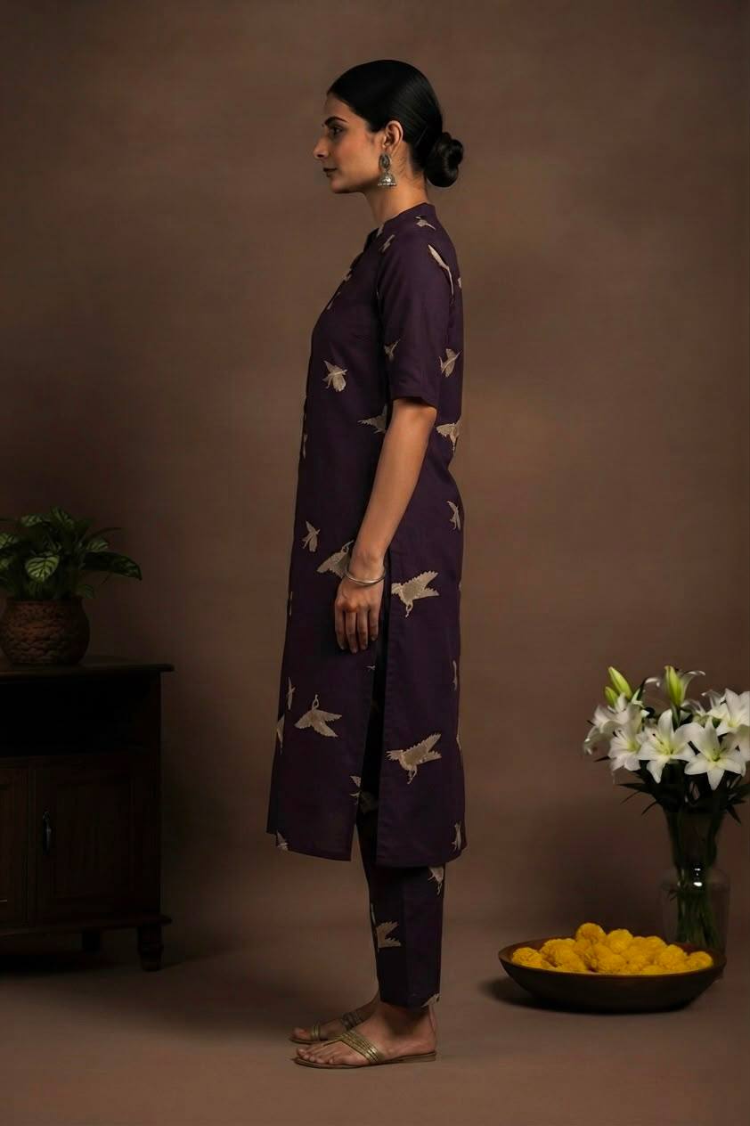 Dark Purple Printed Kurta Pant Set | Bird Print Straight Kurta with Matching Pants - Vastra