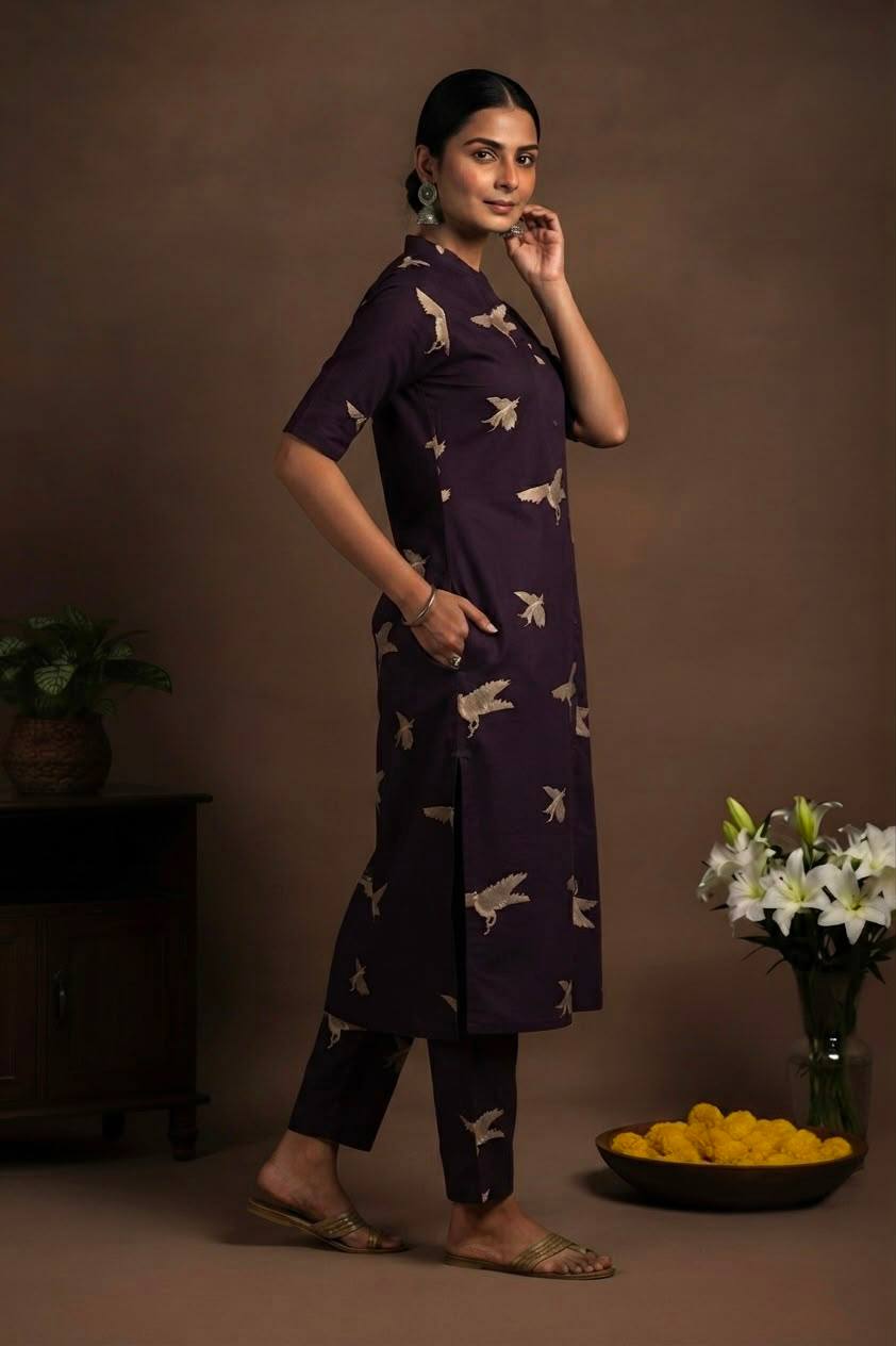 Dark Purple Printed Kurta Pant Set | Bird Print Straight Kurta with Matching Pants - Vastra