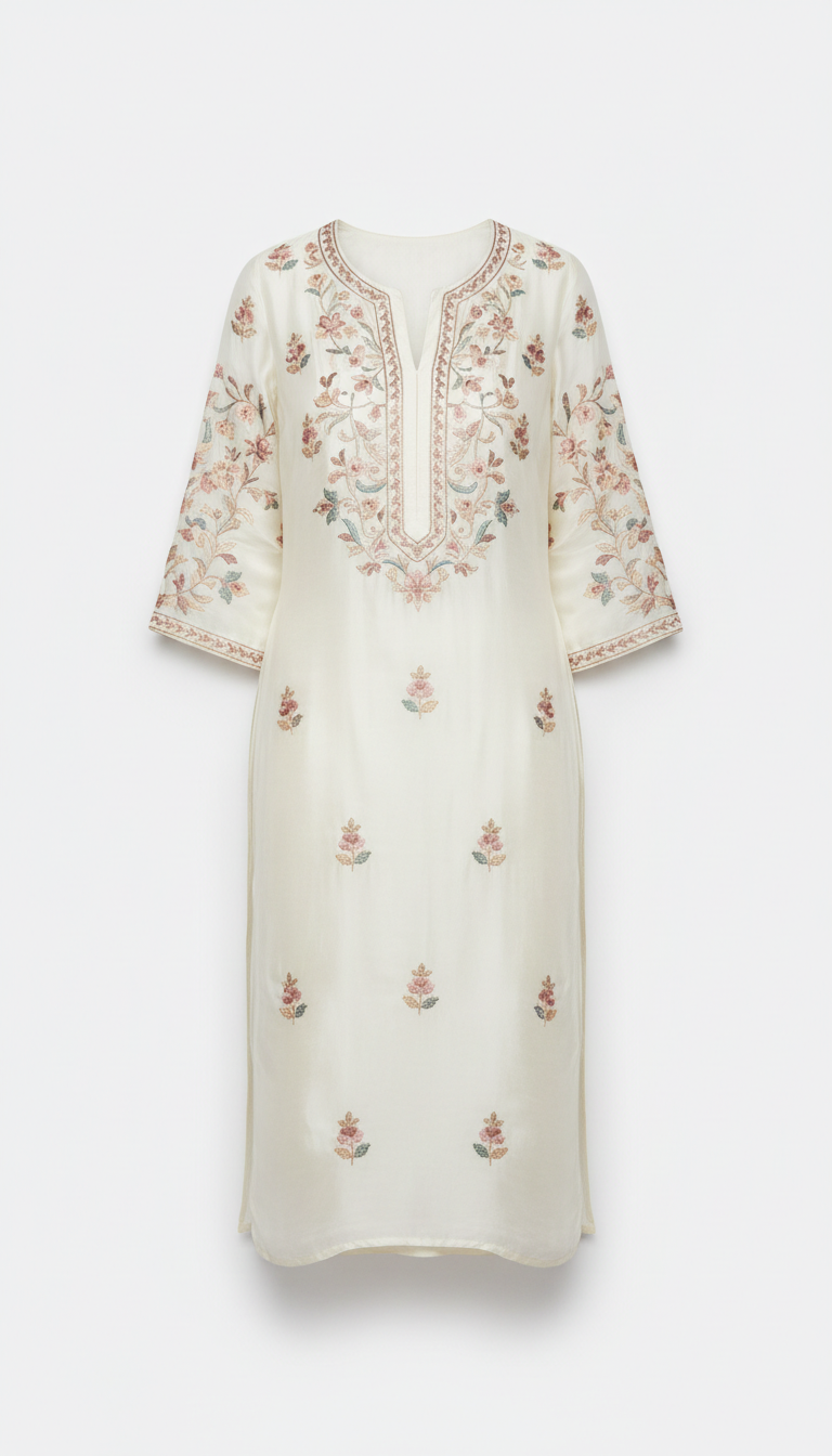 Cloud White Embroidered Silk Kurti