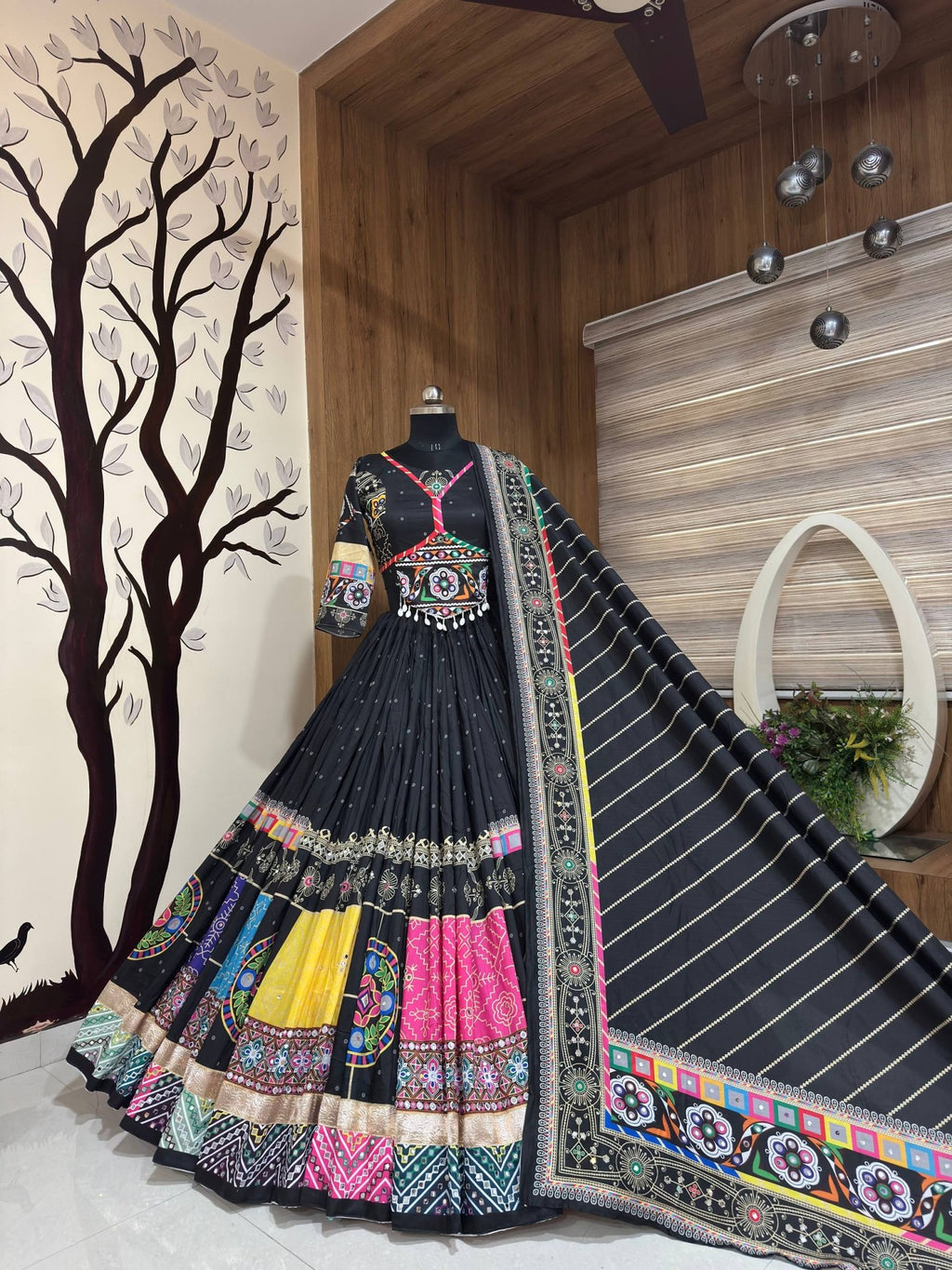 Heavy Muslin Cotton Mirror Work Lehenga Choli with Dupatta | Fully Stitched 4 Meter Flare Traditional Ethnic Wear - Vastra