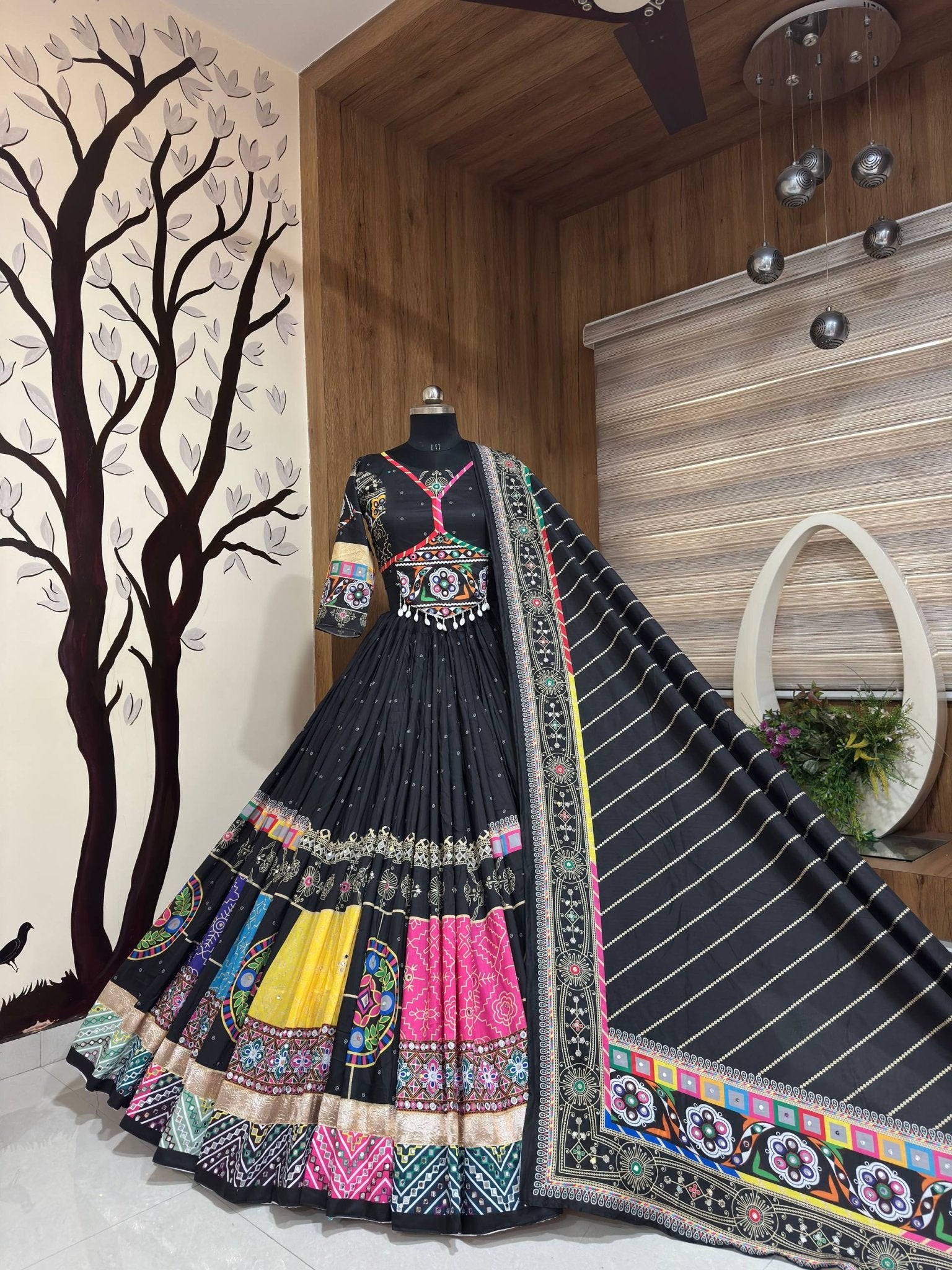 Heavy Muslin Cotton Mirror Work Lehenga Choli with Dupatta | Fully Stitched 4 Meter Flare Traditional Ethnic Wear - Vastra