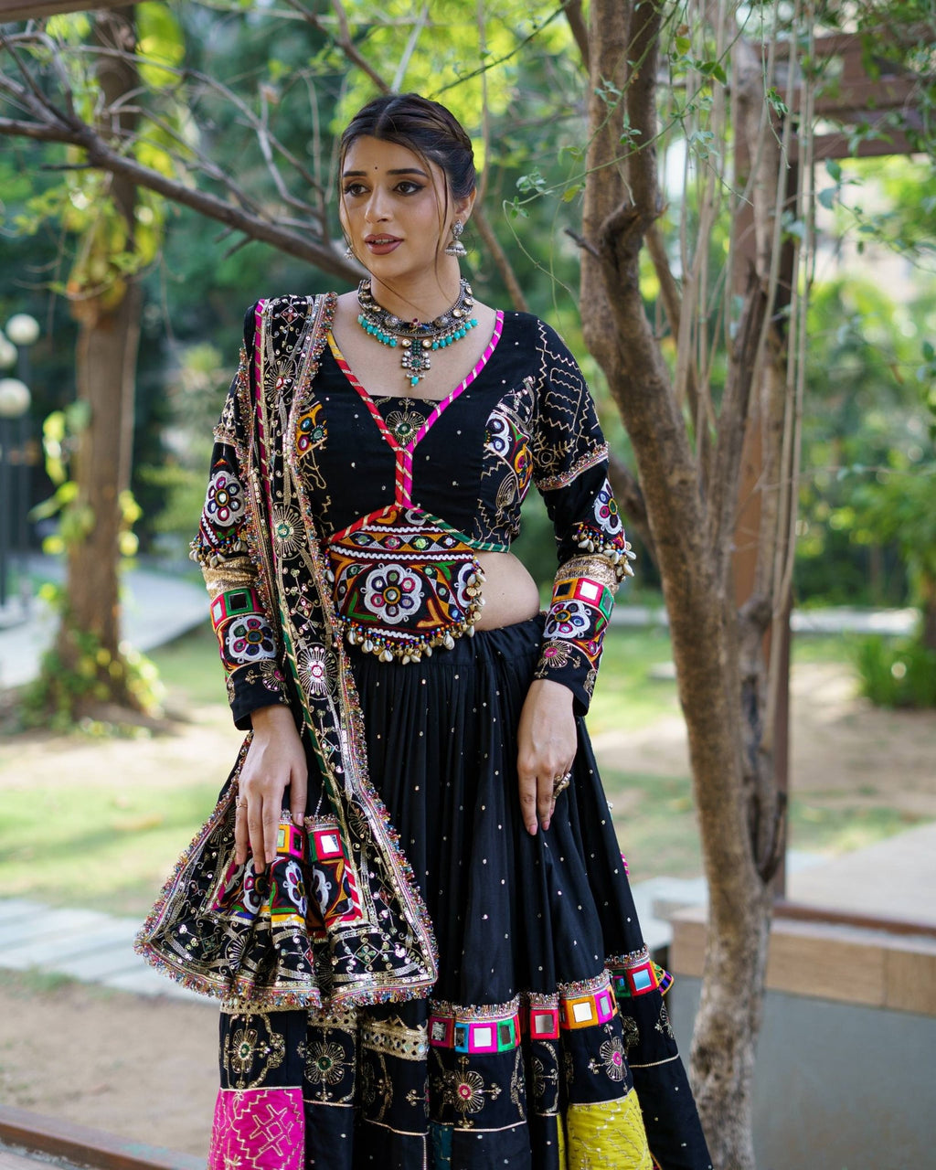 Heavy Muslin Cotton Mirror Work Lehenga Choli with Dupatta | Fully Stitched 4 Meter Flare Traditional Ethnic Wear - Vastra