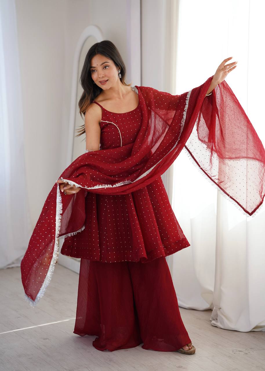 Maroon Embellished Salwar Suit Set with Dupatta | Elegant Ethnic Wear for Women - Vastra