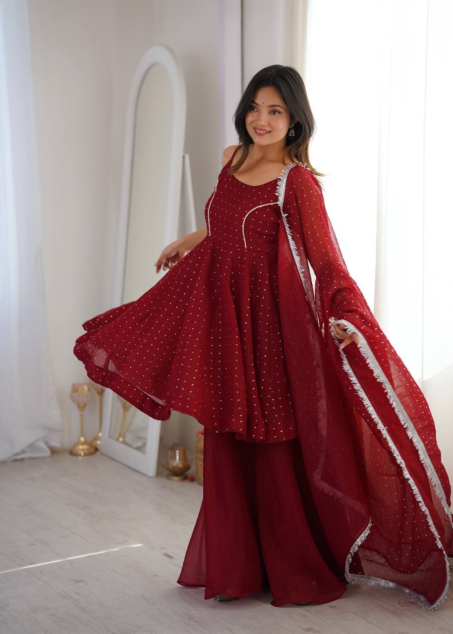 Maroon Embellished Salwar Suit Set with Dupatta | Elegant Ethnic Wear for Women - Vastra