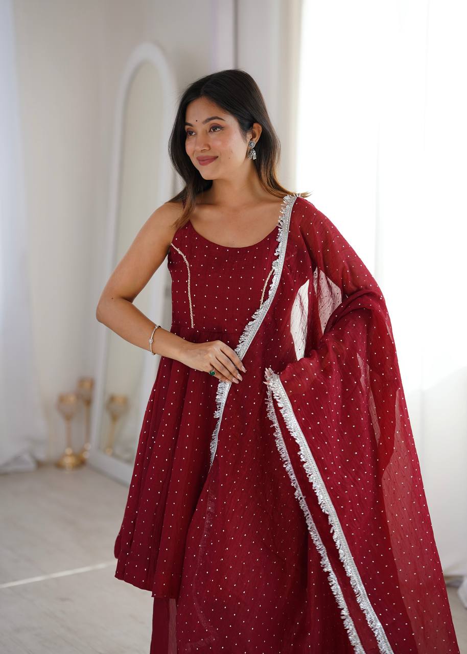 Maroon Embellished Salwar Suit Set with Dupatta | Elegant Ethnic Wear for Women - Vastra