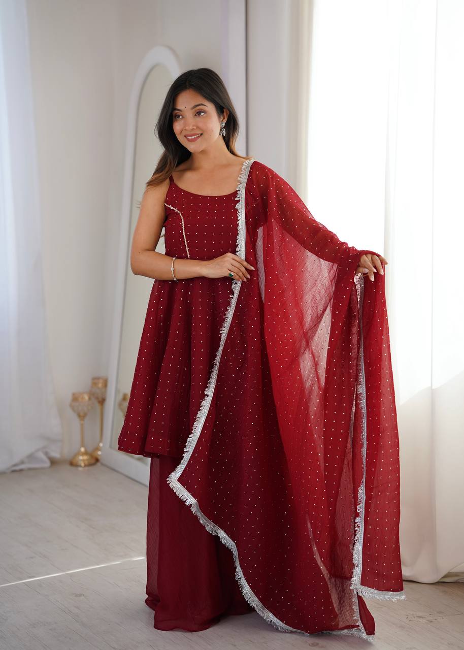 Maroon Embellished Salwar Suit Set with Dupatta | Elegant Ethnic Wear for Women - Vastra