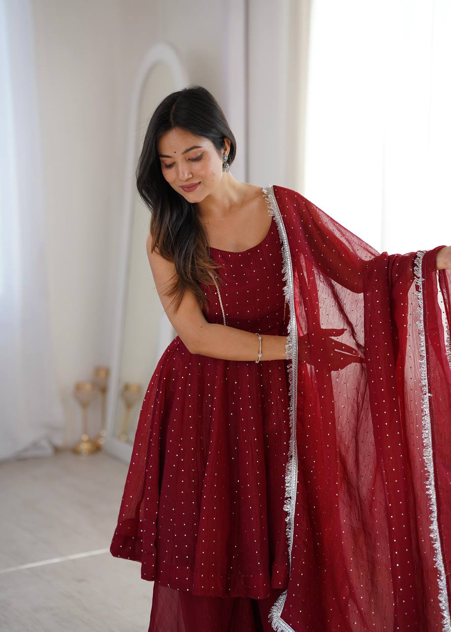 Maroon Embellished Salwar Suit Set with Dupatta | Elegant Ethnic Wear for Women - Vastra