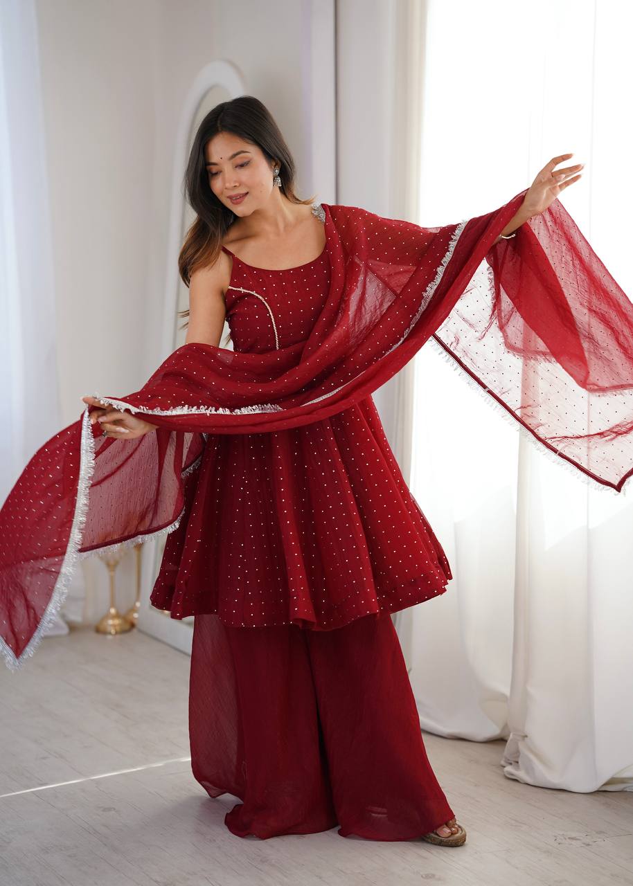 Maroon Embellished Salwar Suit Set with Dupatta | Elegant Ethnic Wear for Women - Vastra