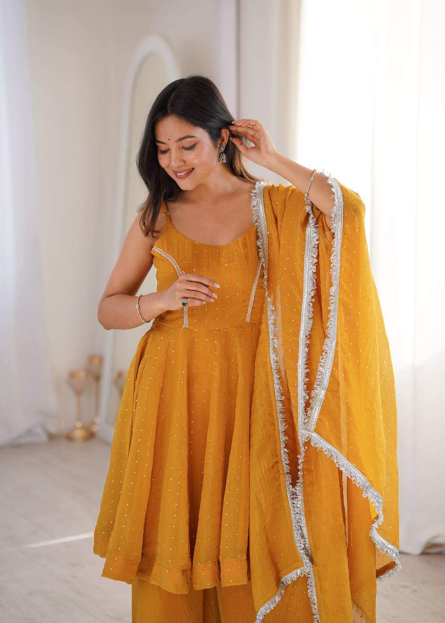 Mustard Yellow Embellished Salwar Suit Set with Dupatta | Elegant Ethnic Wear for Women - Vastra