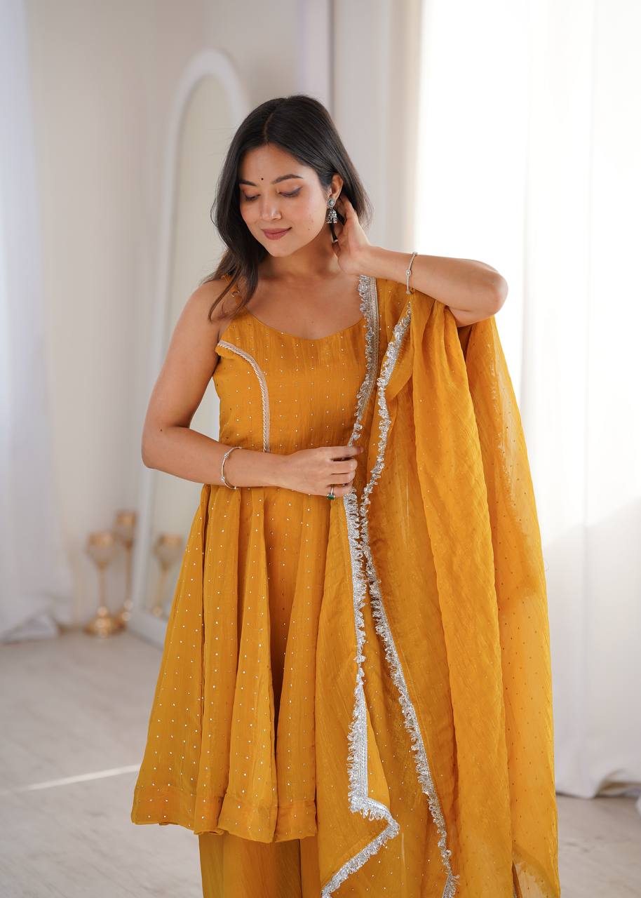 Mustard Yellow Embellished Salwar Suit Set with Dupatta | Elegant Ethnic Wear for Women - Vastra