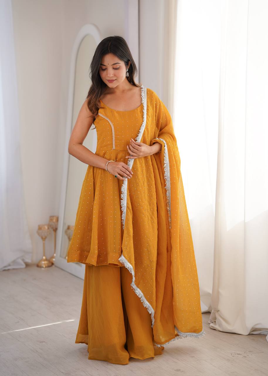 Mustard Yellow Embellished Salwar Suit Set with Dupatta | Elegant Ethnic Wear for Women - Vastra