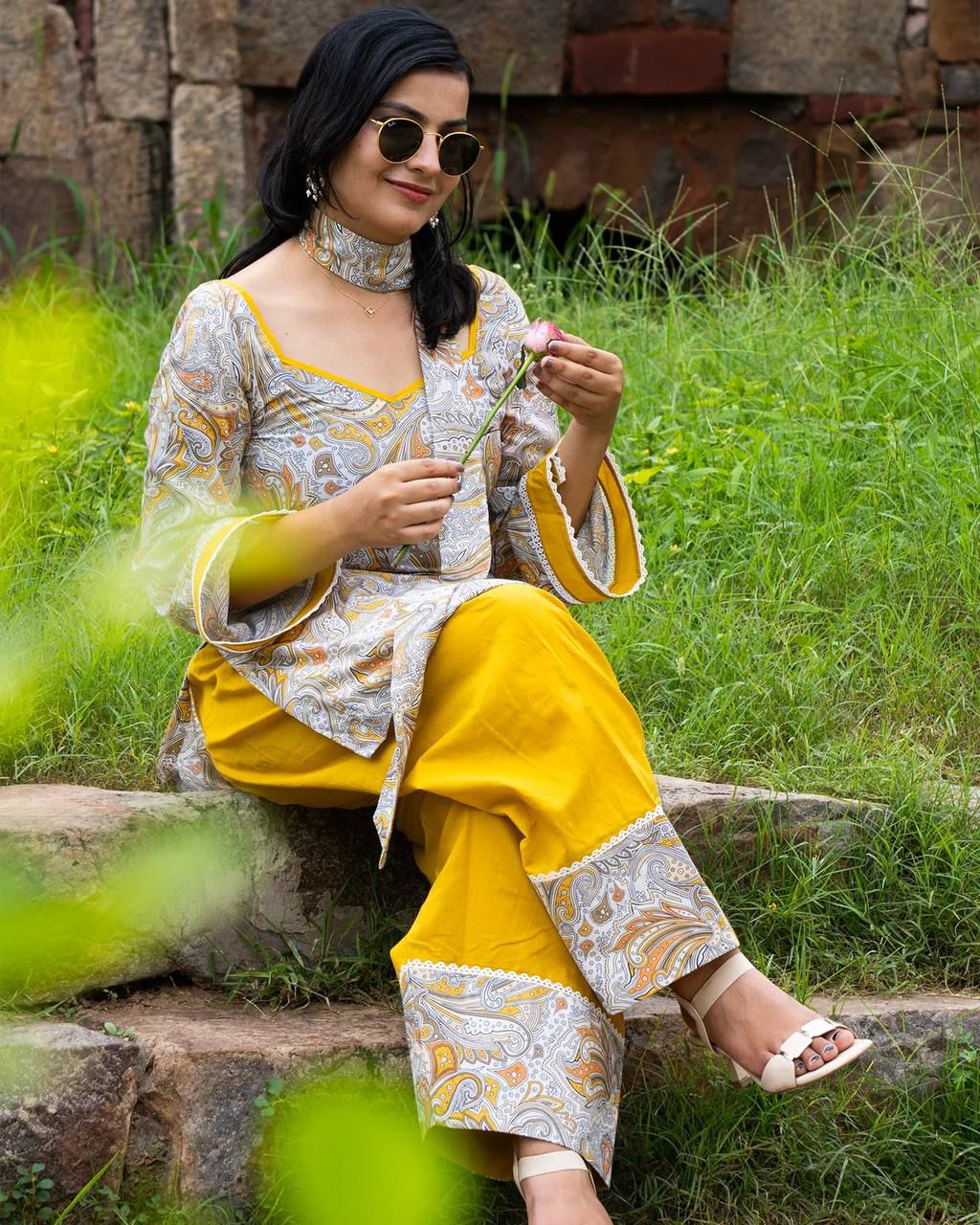 Mustard Yellow Farshi Salwar Suit for Women | Digital Printed Crepe Top with Dupatta - Vastra