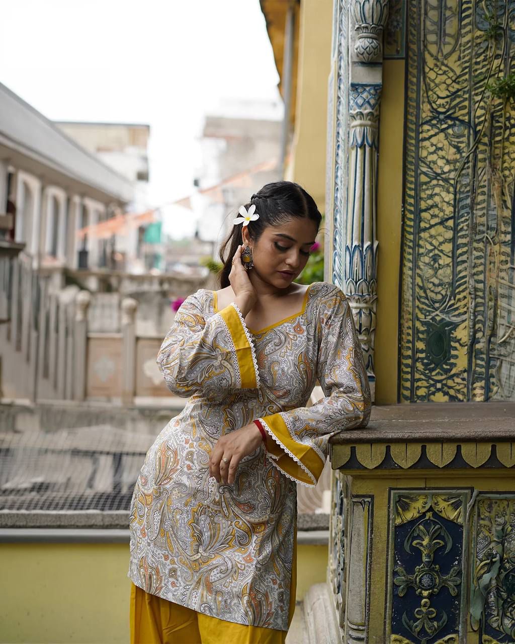 Mustard Yellow Farshi Salwar Suit for Women | Digital Printed Crepe Top with Dupatta - Vastra