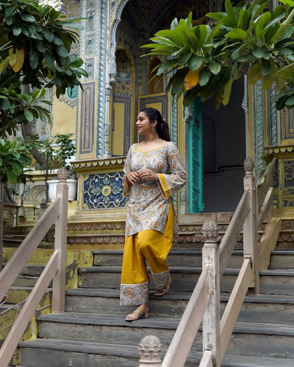 Mustard Yellow Farshi Salwar Suit for Women | Digital Printed Crepe Top with Dupatta - Vastra