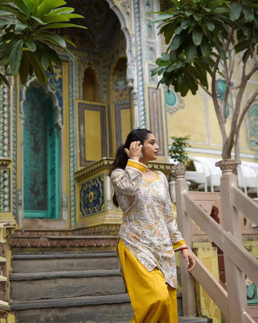 Mustard Yellow Farshi Salwar Suit for Women | Digital Printed Crepe Top with Dupatta - Vastra