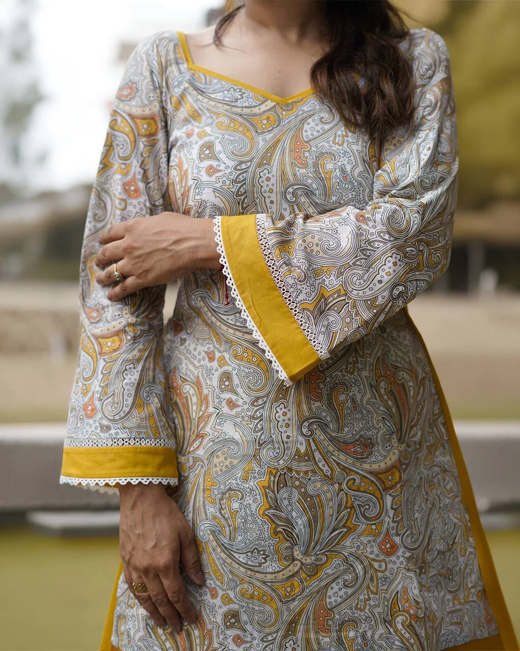 Mustard Yellow Farshi Salwar Suit for Women | Digital Printed Crepe Top with Dupatta - Vastra