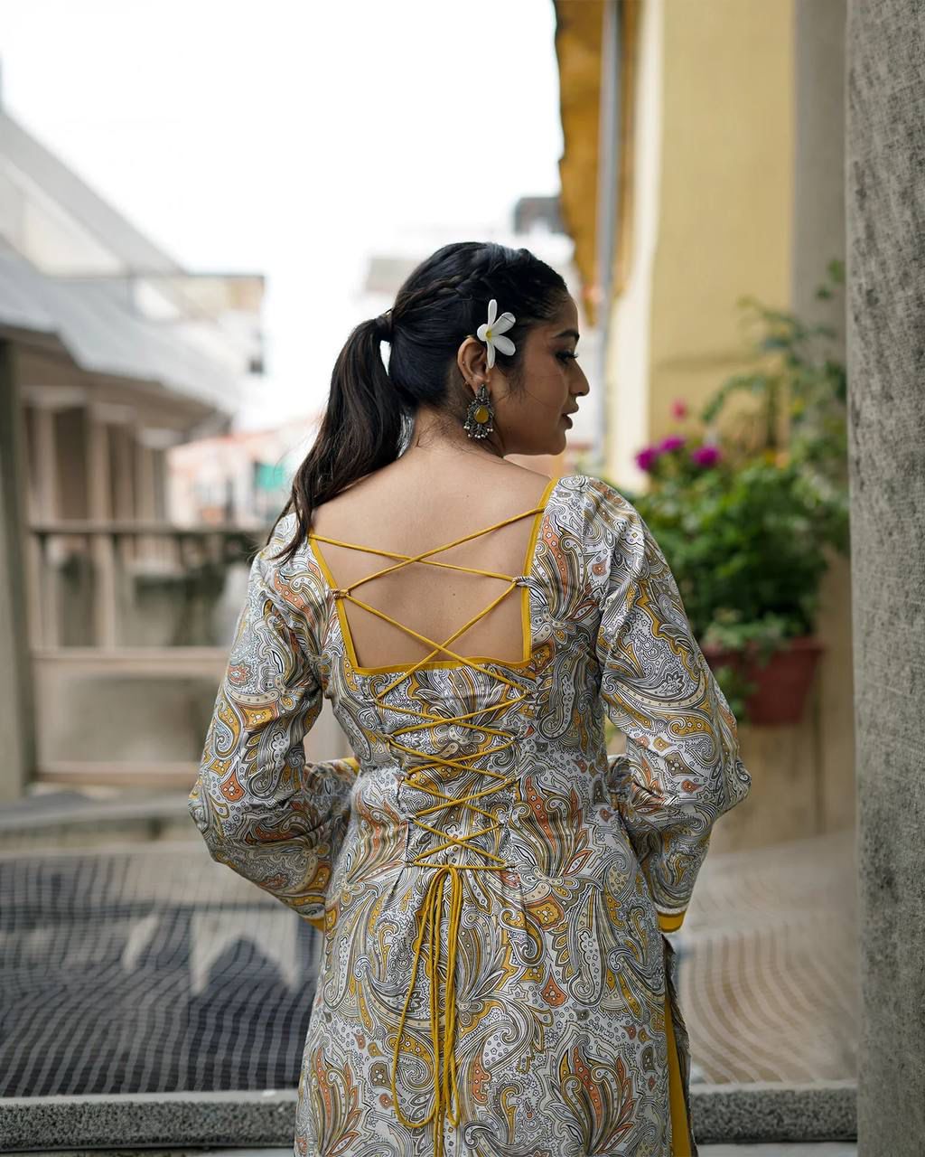 Mustard Yellow Farshi Salwar Suit for Women | Digital Printed Crepe Top with Dupatta - Vastra
