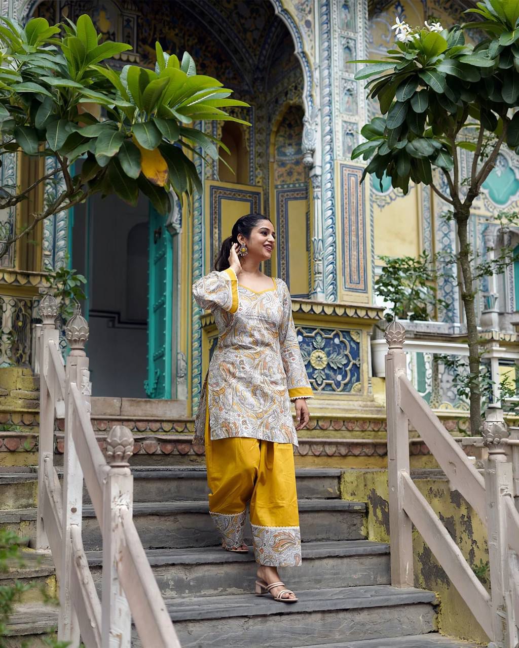 Mustard Yellow Farshi Salwar Suit for Women | Digital Printed Crepe Top with Dupatta - Vastra