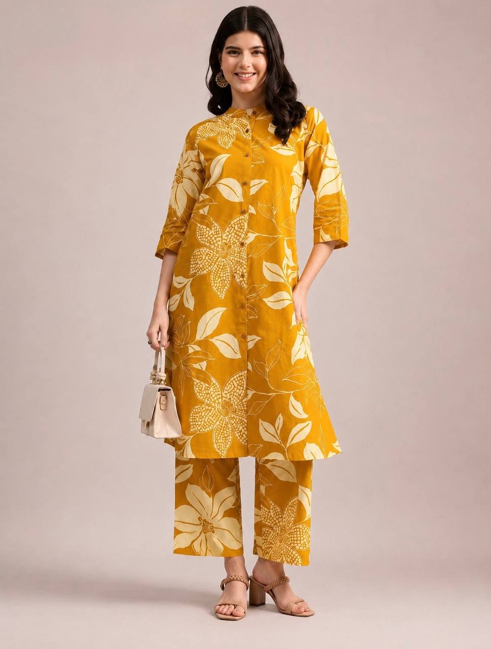 Ruhi Mustard Yellow Floral Printed Kurta Pant Set | Stylish Ethnic Wear - Vastra