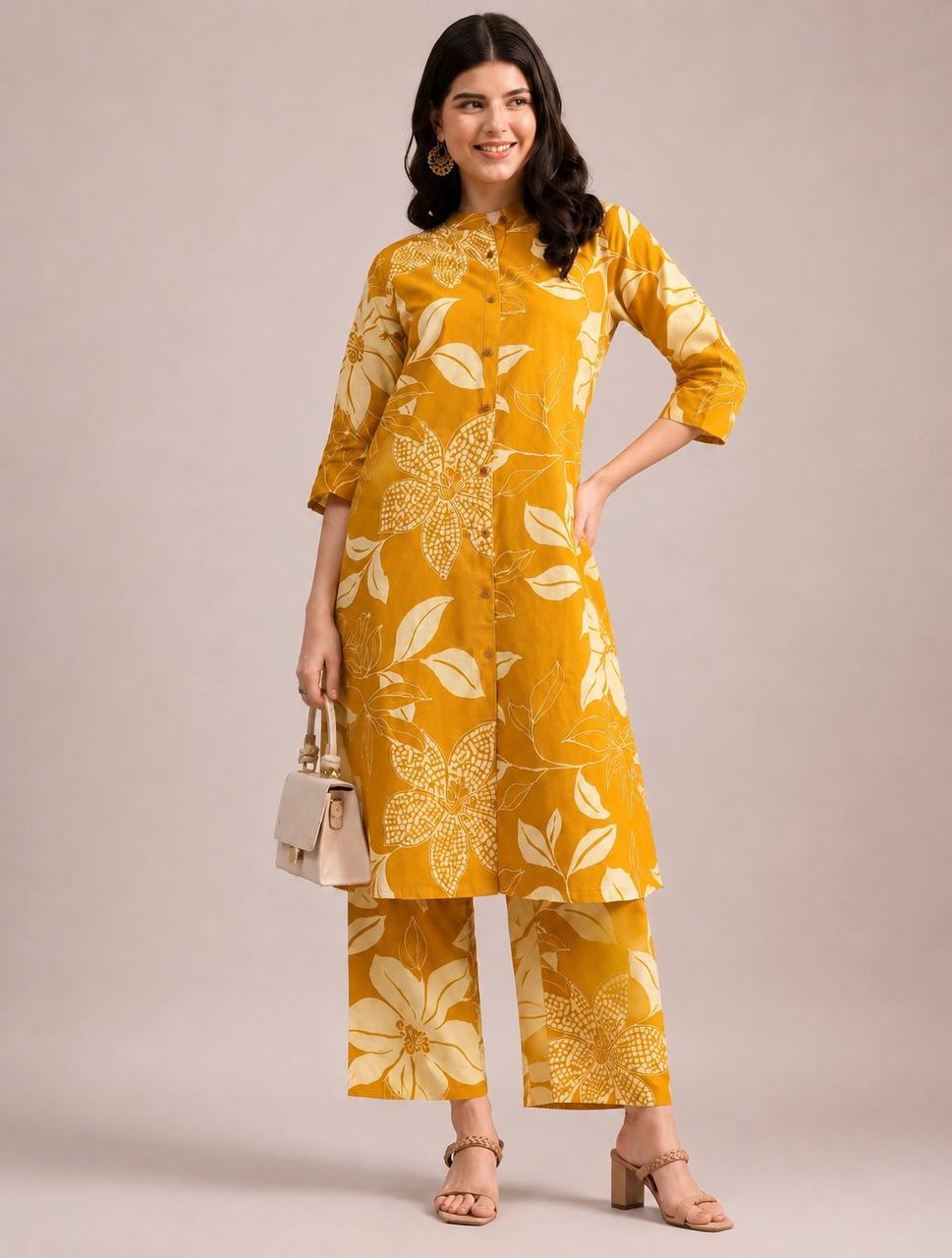 Ruhi Mustard Yellow Floral Printed Kurta Pant Set | Stylish Ethnic Wear - Vastra