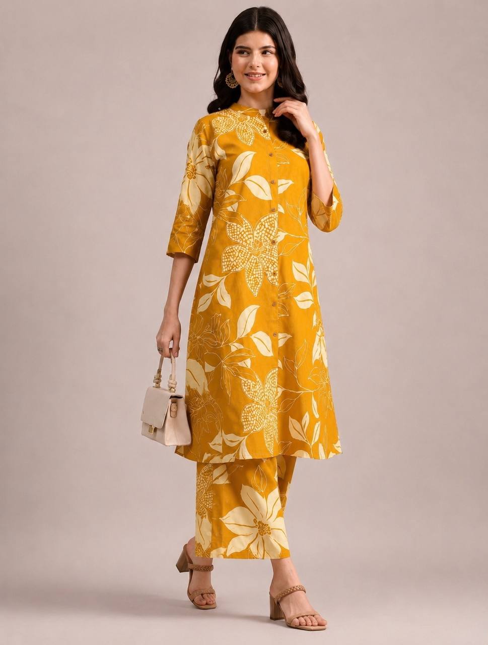 Ruhi Mustard Yellow Floral Printed Kurta Pant Set | Stylish Ethnic Wear - Vastra