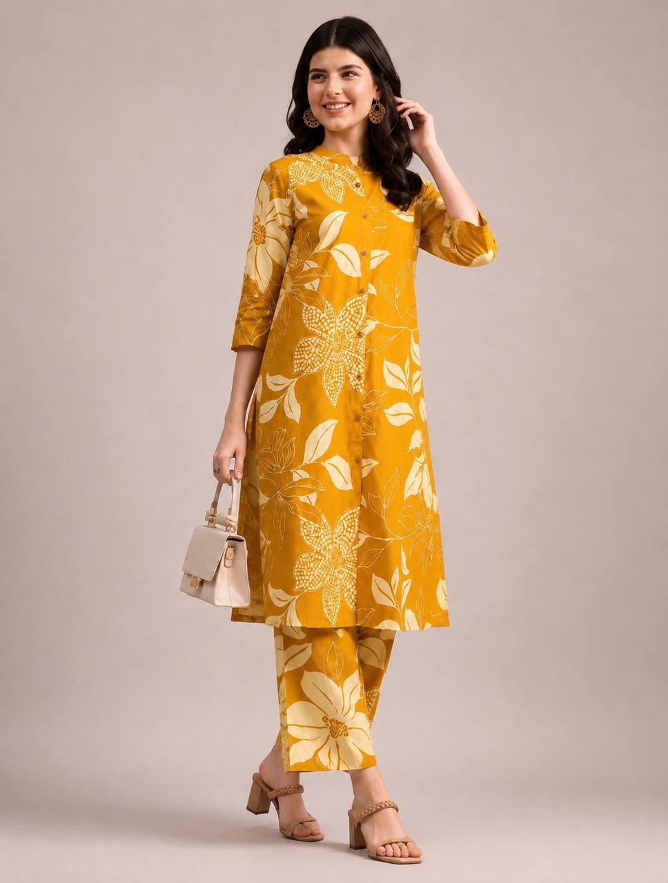 Ruhi Mustard Yellow Floral Printed Kurta Pant Set | Stylish Ethnic Wear - Vastra