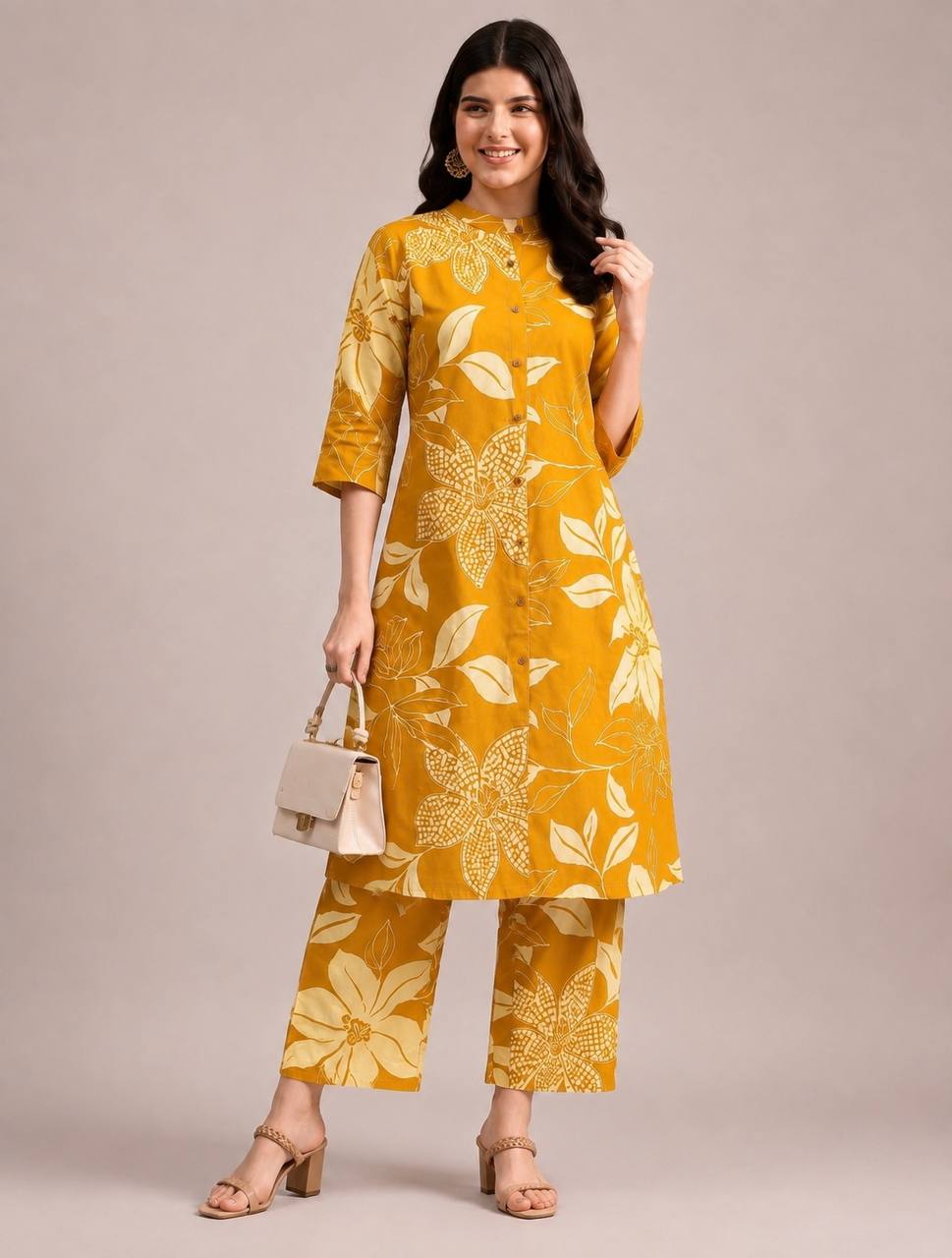 Ruhi Mustard Yellow Floral Printed Kurta Pant Set | Stylish Ethnic Wear - Vastra