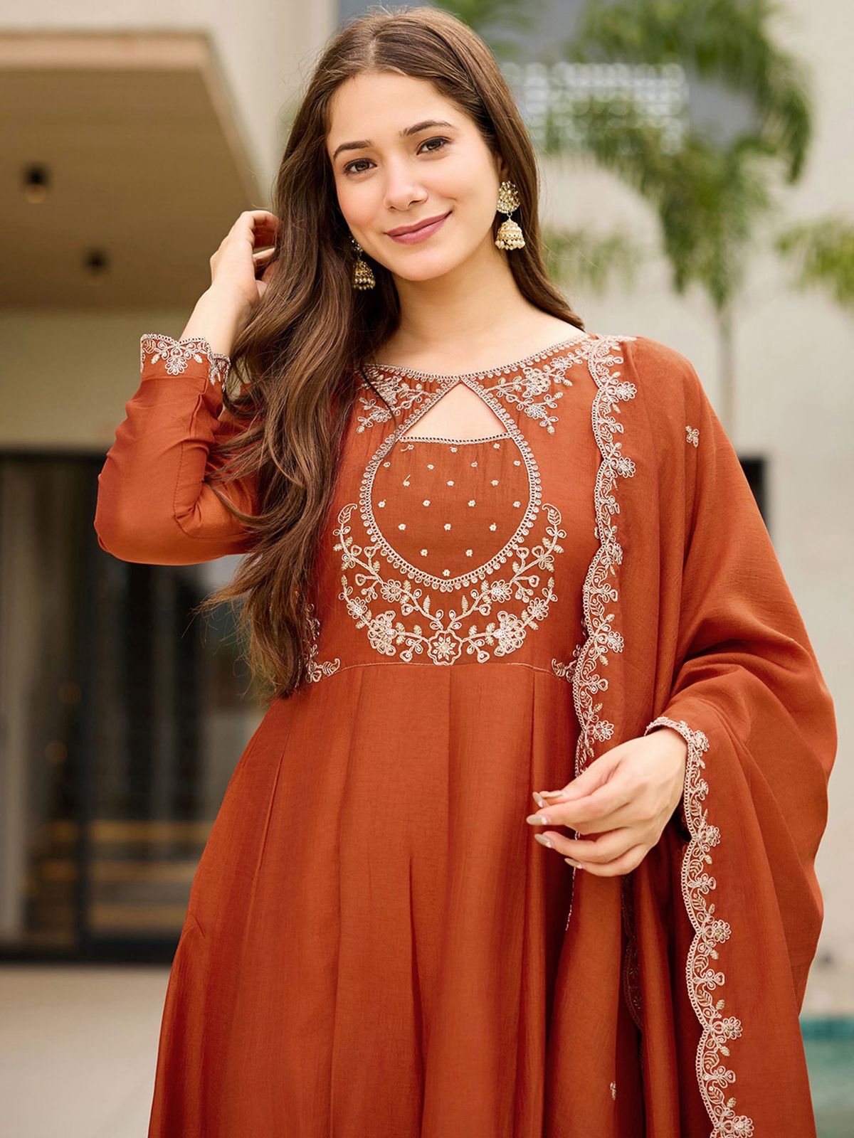 Rust Orange Anarkali Suit Set for Women | Embroidered Kurta with Straight Pants - Vastra