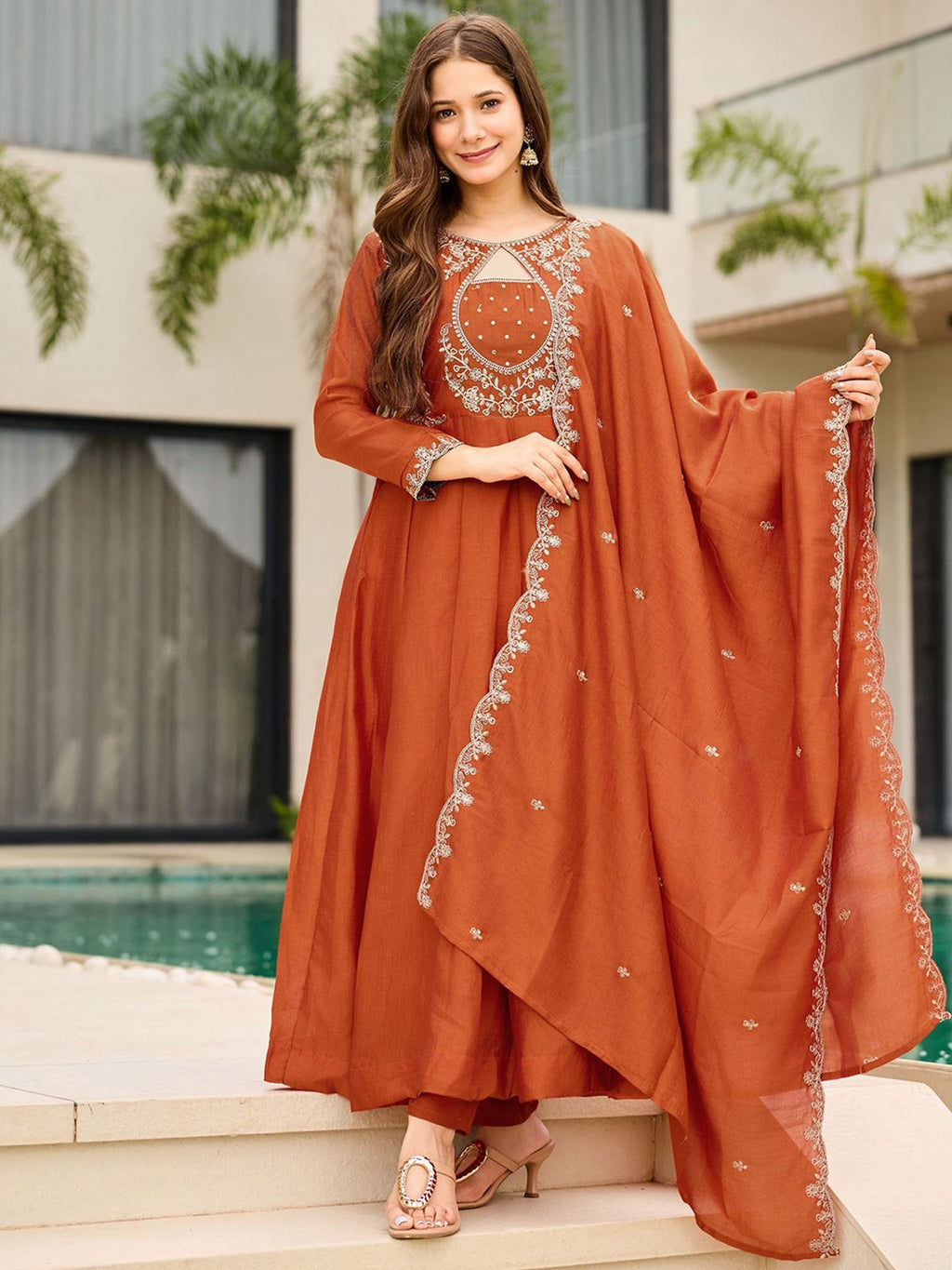 Rust Orange Anarkali Suit Set for Women | Embroidered Kurta with Straight Pants - Vastra