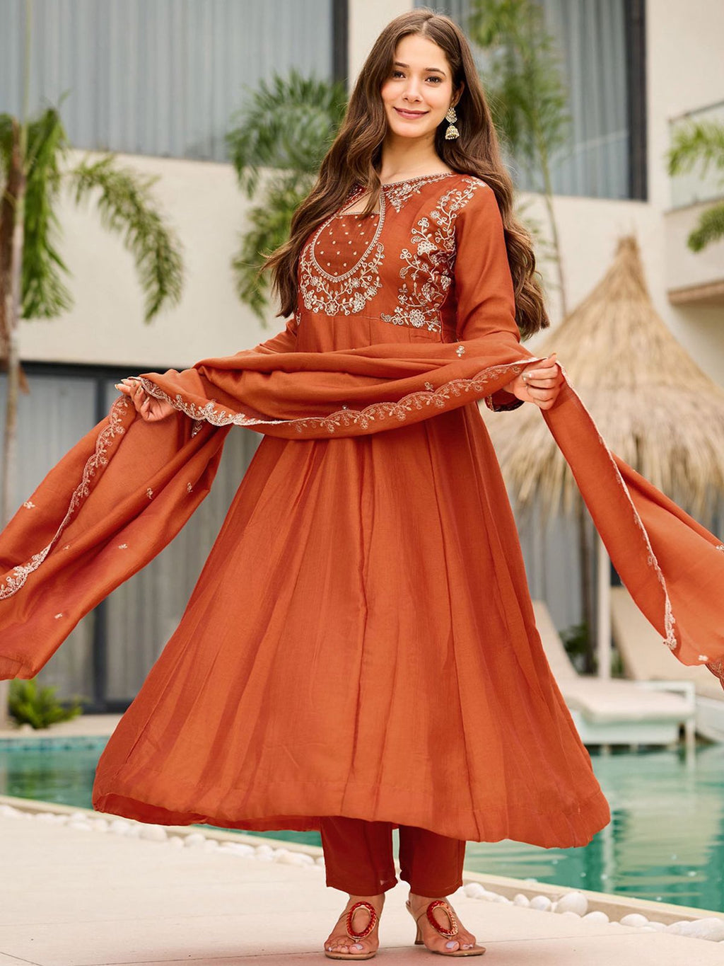 Rust Orange Anarkali Suit Set for Women | Embroidered Kurta with Straight Pants - Vastra