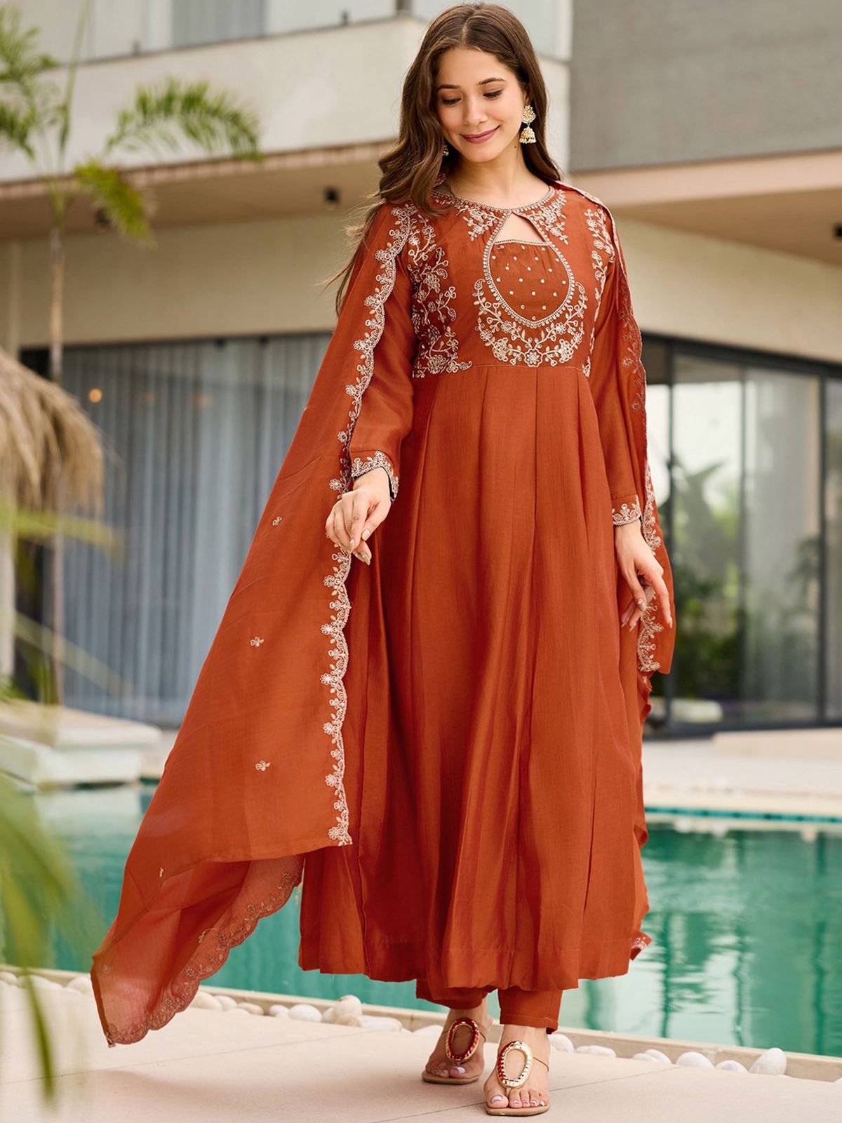 Rust Orange Anarkali Suit Set for Women | Embroidered Kurta with Straight Pants - Vastra