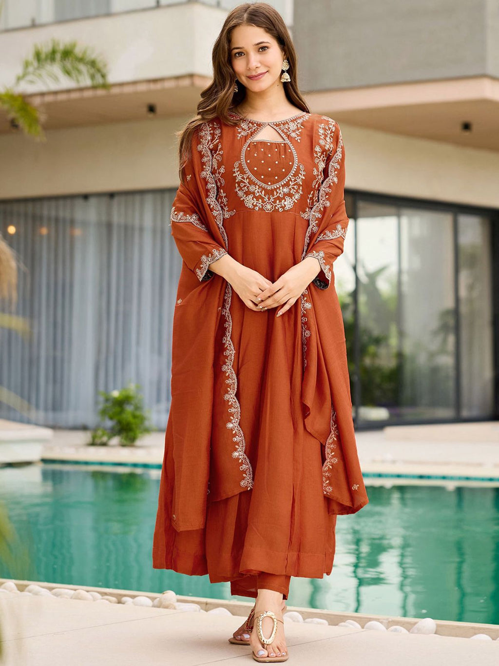 Rust Orange Anarkali Suit Set for Women | Embroidered Kurta with Straight Pants - Vastra