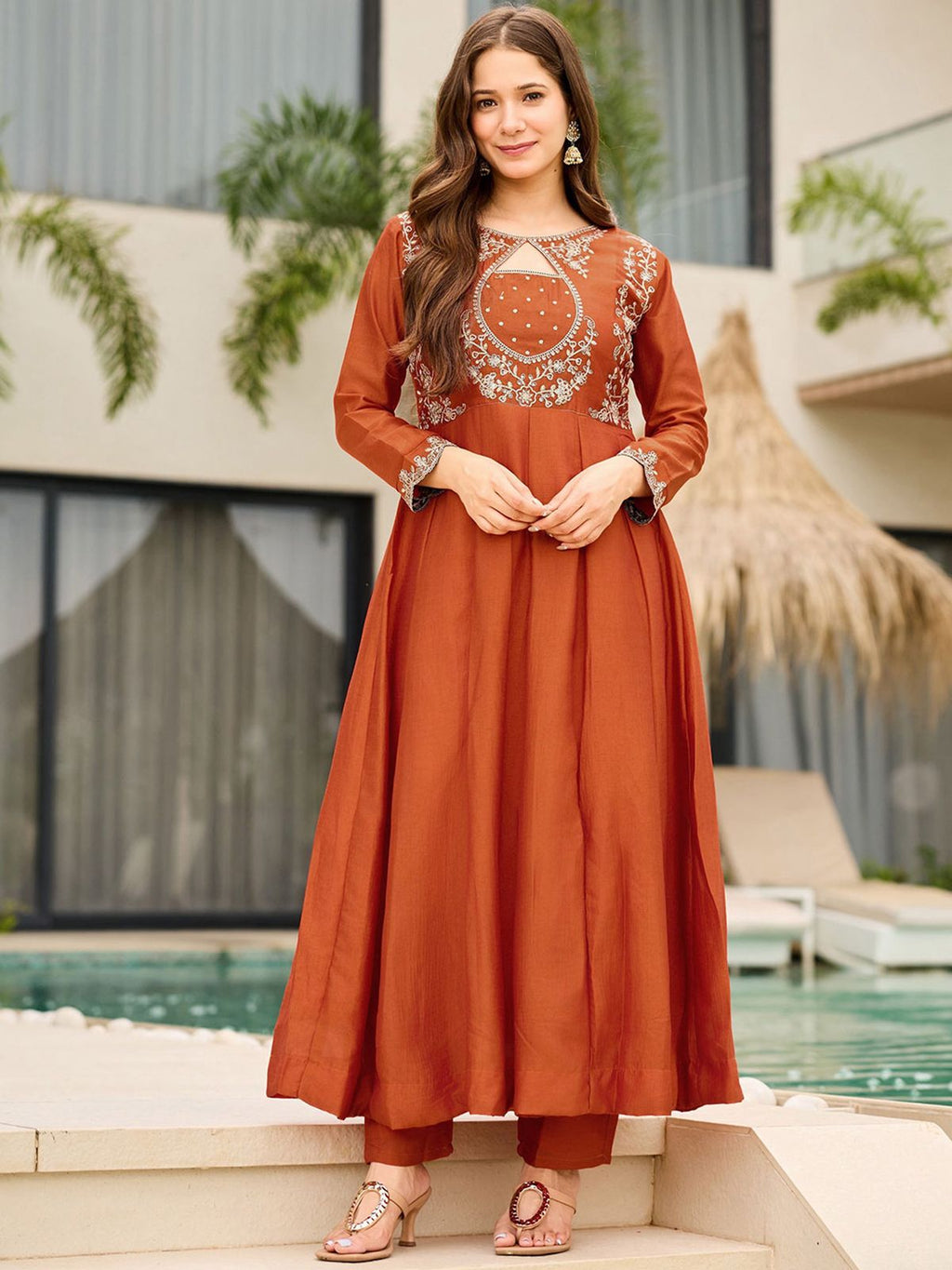 Rust Orange Anarkali Suit Set for Women | Embroidered Kurta with Straight Pants - Vastra
