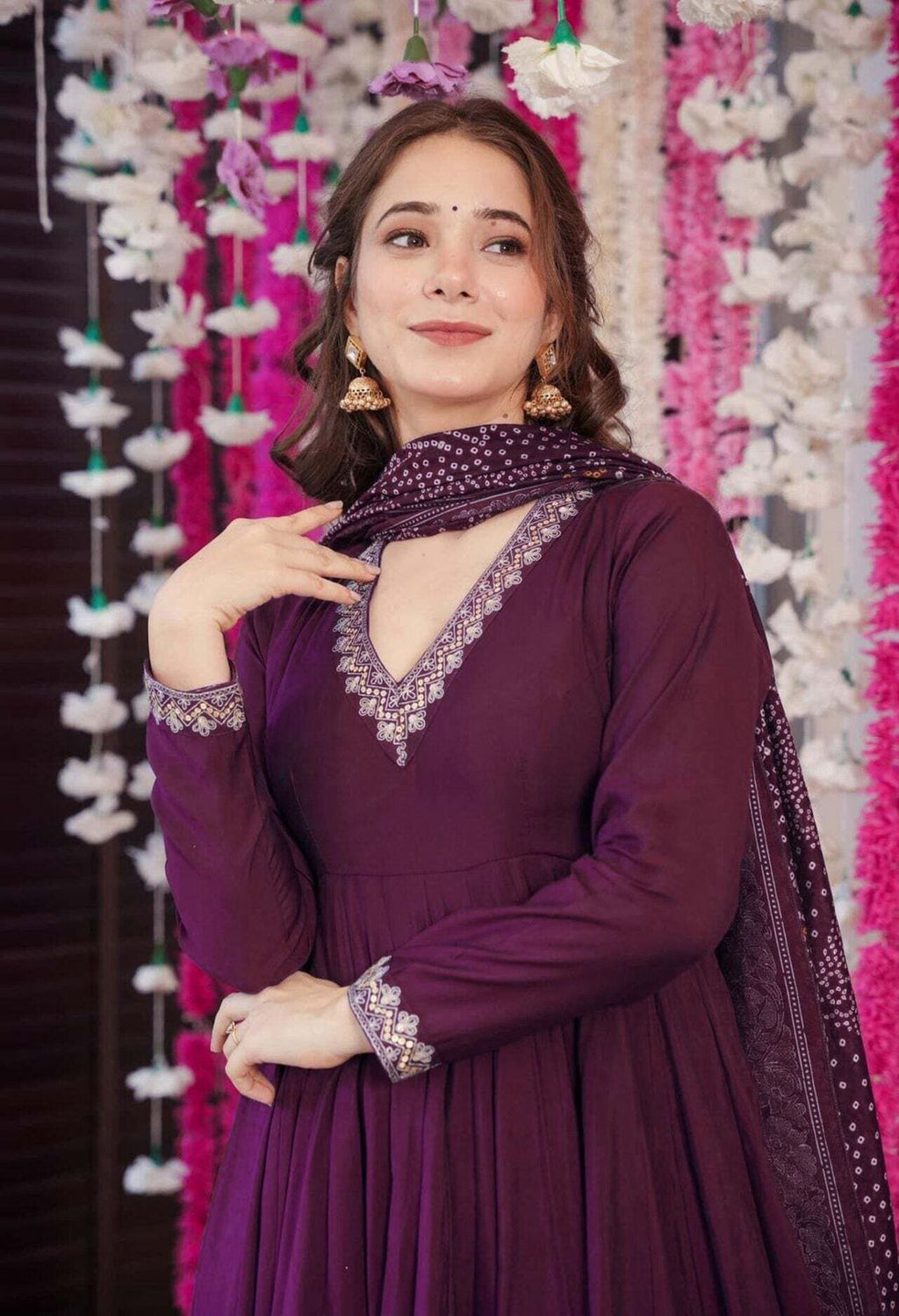 Wine Purple Anarkali Suit for Women | Embroidered Kurta with Bottom & Printed Dupatta - Vastra