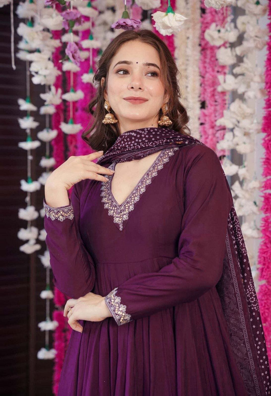 Wine Purple Anarkali Suit for Women | Embroidered Kurta with Bottom & Printed Dupatta - Vastra