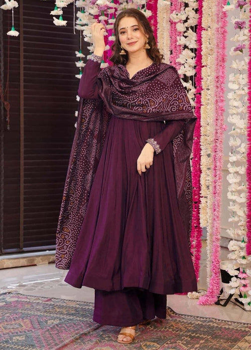 Wine Purple Anarkali Suit for Women | Embroidered Kurta with Bottom & Printed Dupatta - Vastra