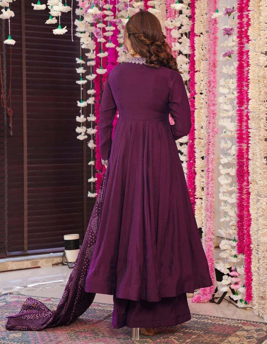 Wine Purple Anarkali Suit for Women | Embroidered Kurta with Bottom & Printed Dupatta - Vastra