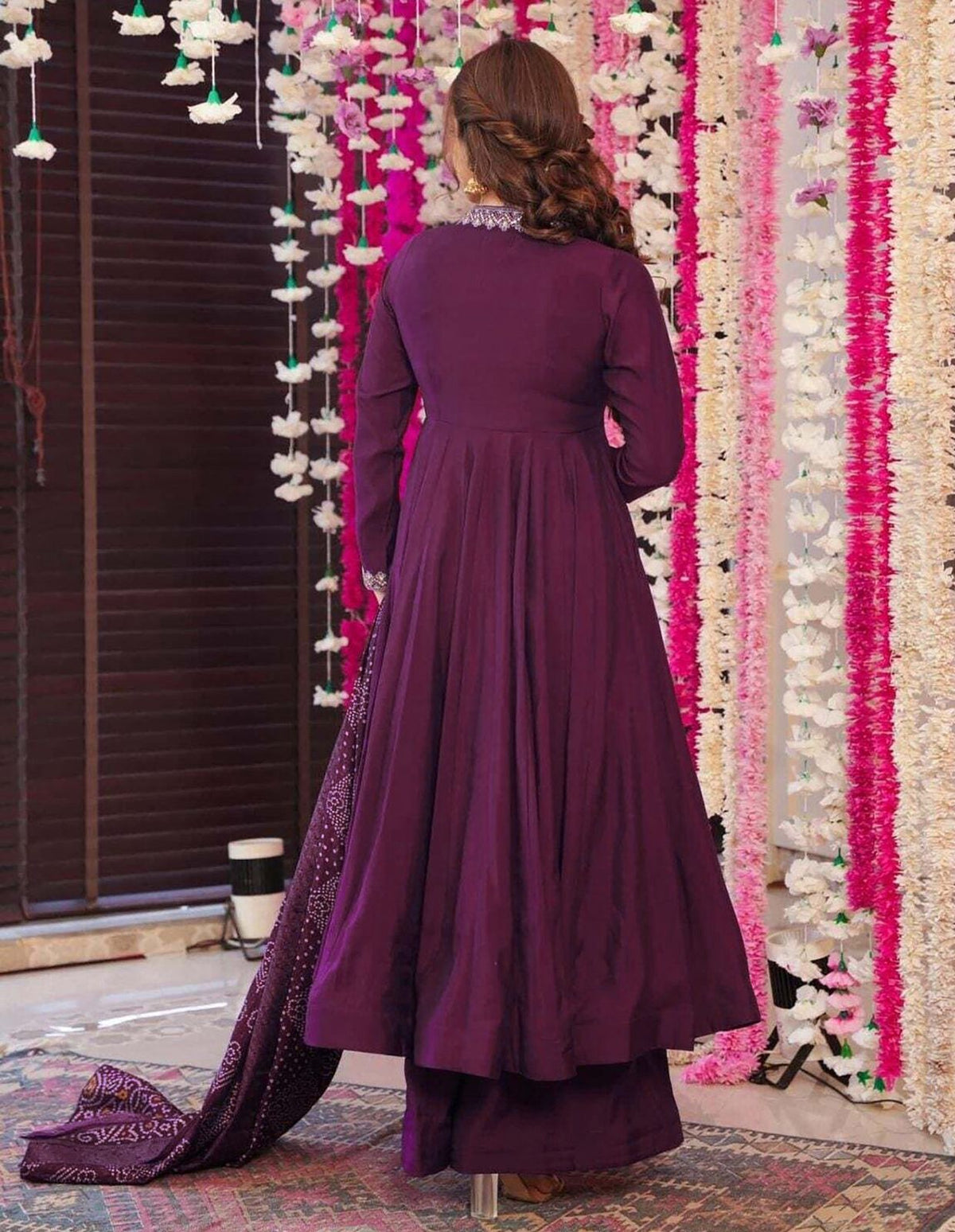 Wine Purple Anarkali Suit for Women | Embroidered Kurta with Bottom & Printed Dupatta - Vastra