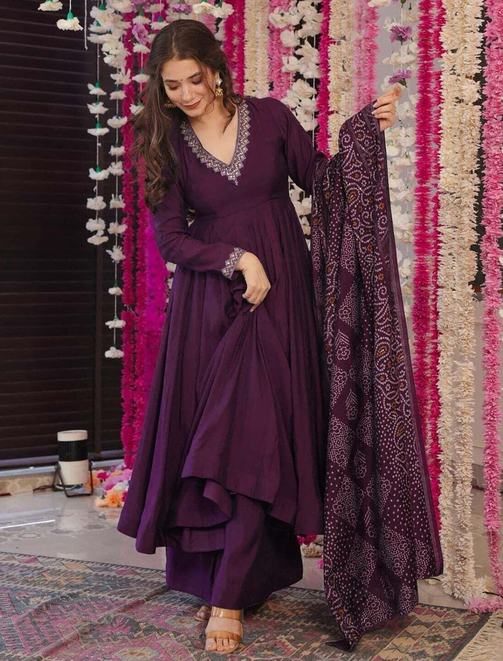 Wine Purple Anarkali Suit for Women | Embroidered Kurta with Bottom & Printed Dupatta - Vastra