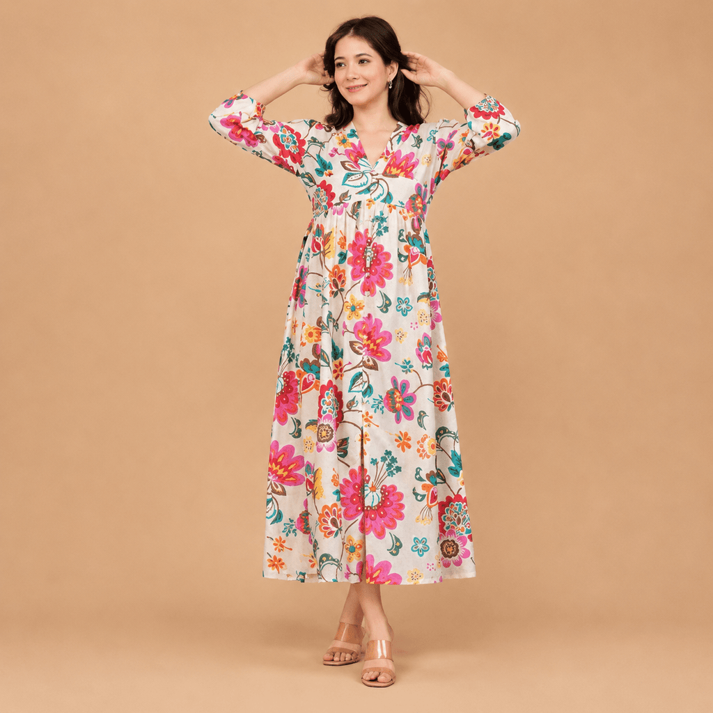 Women’s Floral Printed Midi Dress – V-Neck 3/4 Sleeve Casual Summer Dress for Women - Vastra