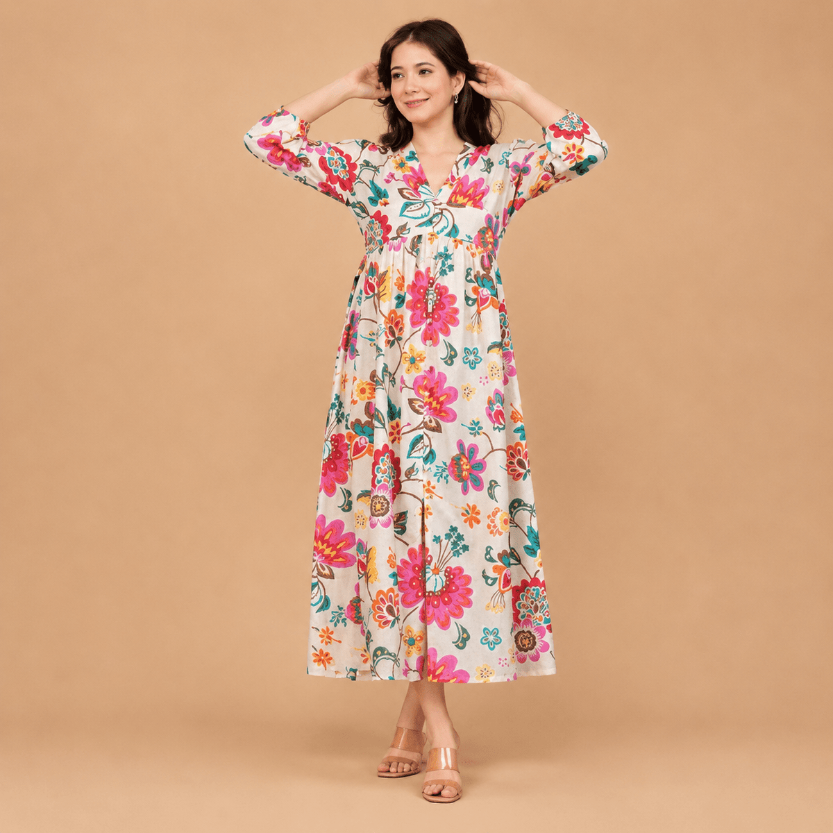 Women’s Floral Printed Midi Dress – V-Neck 3/4 Sleeve Casual Summer Dress for Women - Vastra