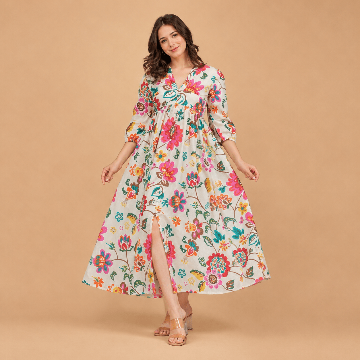 Women’s Floral Printed Midi Dress – V-Neck 3/4 Sleeve Casual Summer Dress for Women - Vastra